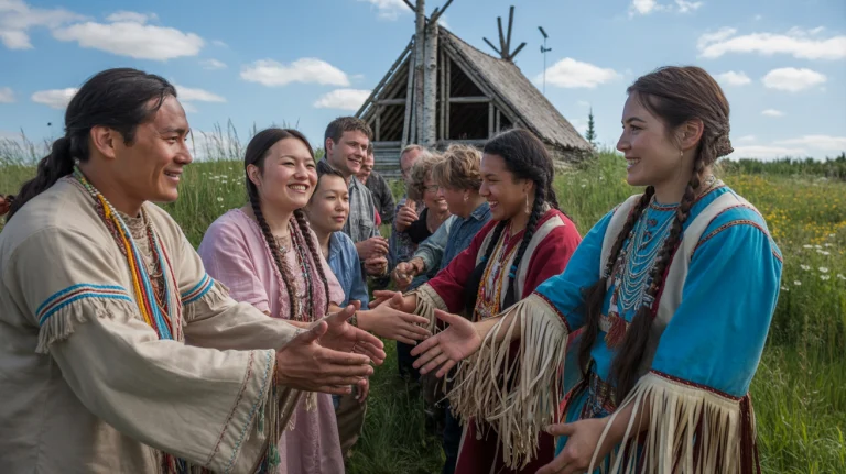 A group of Ojibwe people greeting